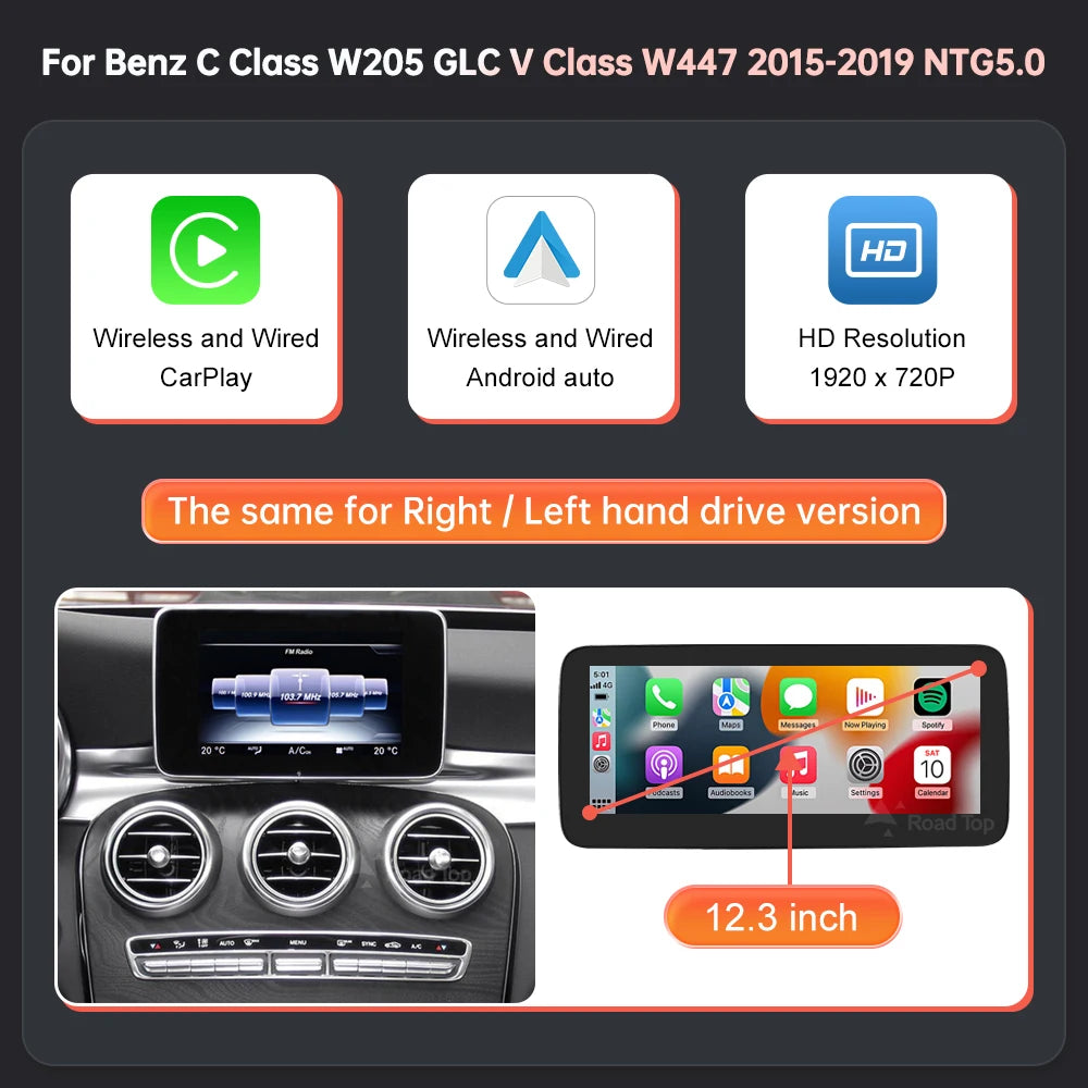Écran multimédia Linux avec CarPlay et Android Auto sans fil
Pour Mercedes-Benz W205, W176, GLC, Classe A, Classe C, Classe V, W447, CLA, GLA (2015–2018, système NTG5.0)