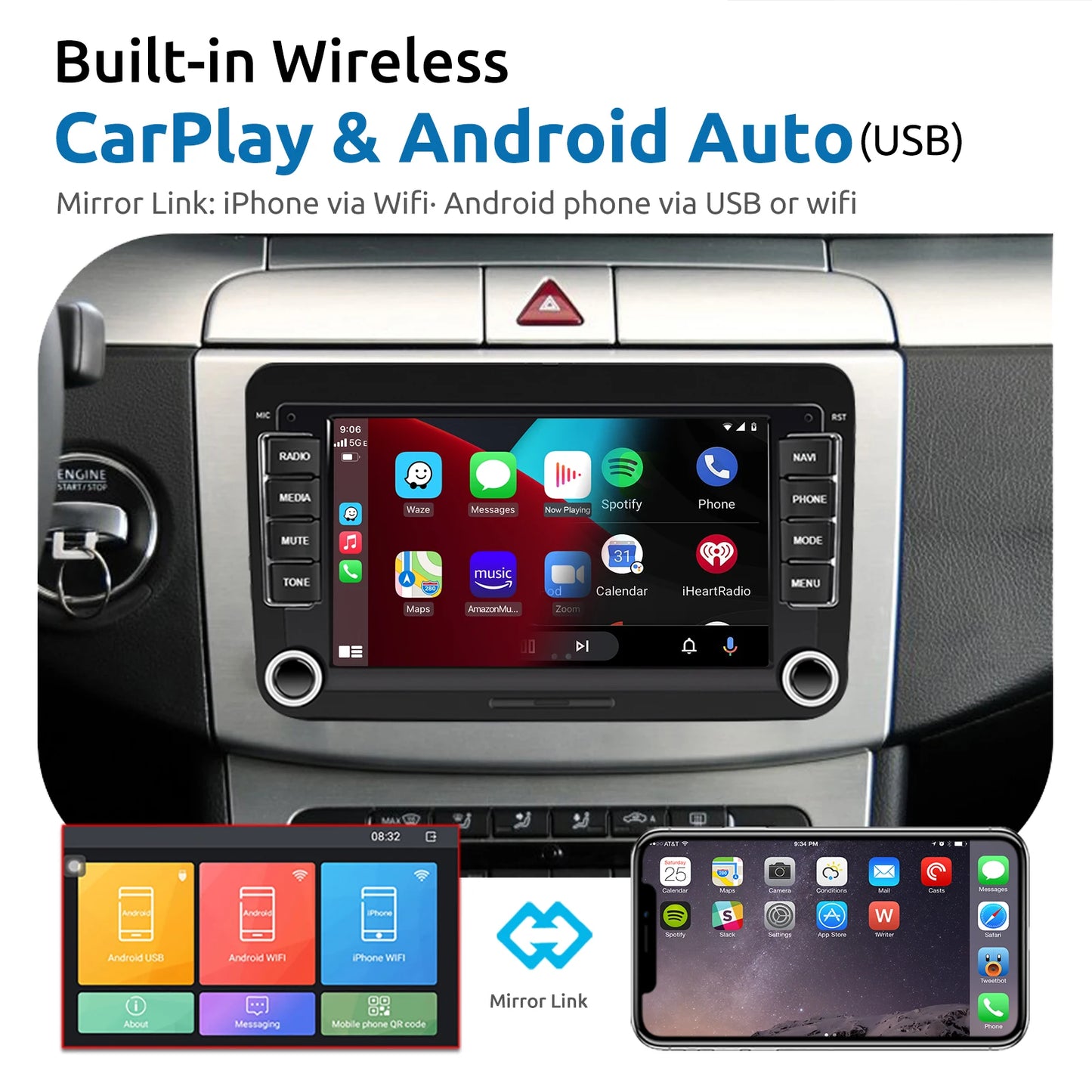 Autoradio Android 4G+64G compatible Volkswagen Passat, Golf, Polo, Jetta, Skoda – GPS, WiFi, CarPlay, Bluetooth, écran tactile HD. Système multimédia complet et moderne.
