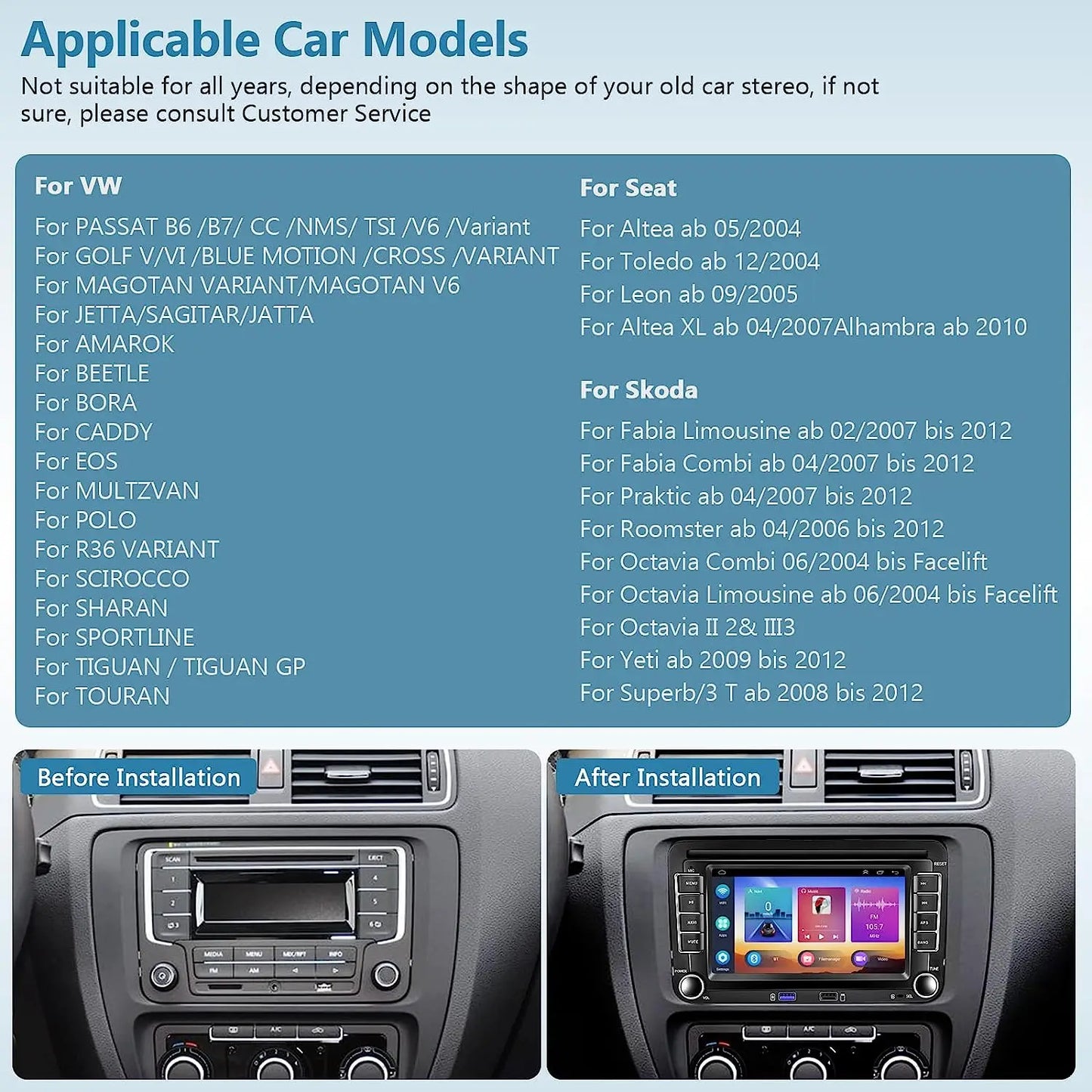 Autoradio Android 7” CarPlay & Android Auto | GPS – WiFi – FM – Bluetooth – Pour Volkswagen Jetta / Passat / Golf / Polo