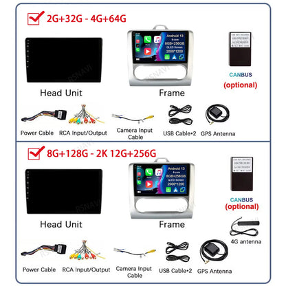 Autoradio Android 14 avec GPS, CarPlay & Android Auto pour Ford Focus Mk2 / Mk3 (2004–2011)